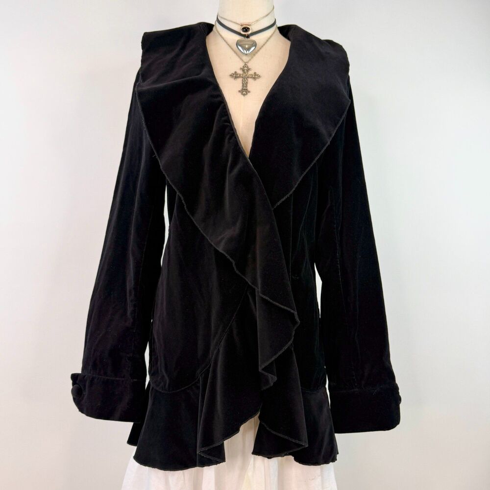 Black Velvet Open Front Ruffled Draped Layered Collar Long Cardigan Grunge XL